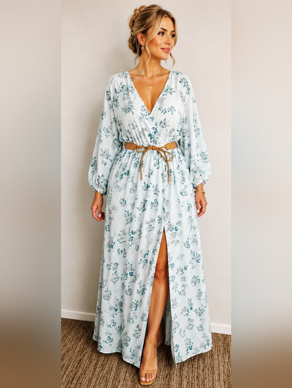 Floral Print Kimono Wrap V-neck Maxi-Dress In Light Blue with Tan Belt, Size XL